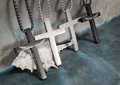Cross Necklace Stainless Steel Necklace Religious Bible Verse Pendant Crucifix Necklace Faith Jewelry with 22' Chain - style: PH4:13 WINGS BLACK