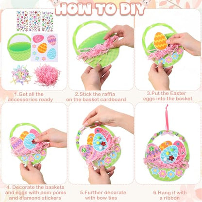 Funrous 48 Sets Crafts Kit Paper Crafts DIY Make Your Own Hanging Ornaments with Pompoms Diamond Stickers for Holiday Classroom Activities Party Favors, Easter Basket - style: Easter Basket