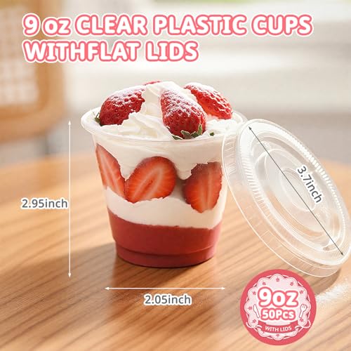 Cayxenful 50 Packs 9oz Disposable Dessert Cups with Lids No Hole, Clear Plastic Cups with Lids for Ice Cream, Cake, Snacks, Fruit, Cold Drinks, Smoothie, Pudding, Salad