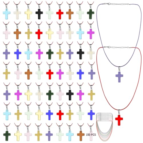 100 PCS Stone Cross Pendant Necklaces, Adjustable Cord, Natural Gemstone Charms with Polished Finish, DIY Jewelry Making Cross Charms for Bracelets Earrings Presents - color: 100pcs Multicolor
