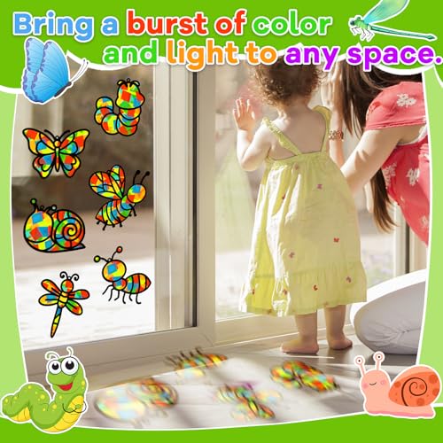 Lonfliness 32 Sets Spring Bug Suncatchers Craft Kit DIY Insect Window Stained Glass Effect Paper Butterfly Bee Home School Classroom Decoration Summer Art Creative Activity Project Gift Favor - style: Insect