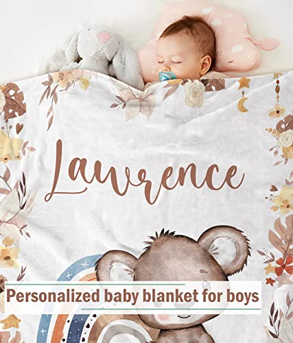 Personalized Baby Blanket for Boys, Custom Baby Blanket with Name Super Soft Personalized Name Blankets for Kids, Custom Little Bear Blankets for Infant Toddler, Babys Gifts for Birthday - color: Cute Rainbow and Bear