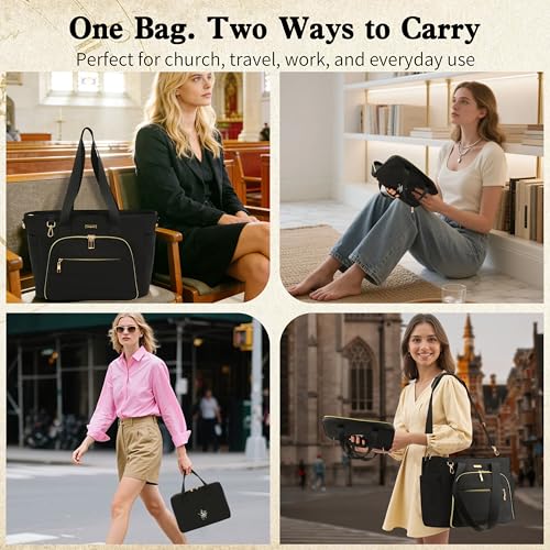 Large Bible Bag for Women, 2-in-1 Bible Tote with Detachable Embroidered Bible Cover & Study Supplies, Church Bible Study Bag, Gift-Ready Christian Gift for Women (Black) - color: Black