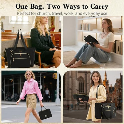 Large Bible Bag for Women, 2-in-1 Bible Tote with Detachable Embroidered Bible Cover & Study Supplies, Church Bible Study Bag, Gift-Ready Christian Gift for Women (Black) - color: Black