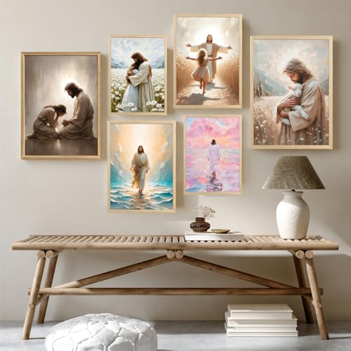 FASWQ Wood Framed Pink Jesus Walking on Water Wall Art 24x36 in - color: JesusBack(Wood), size: 36"L x 24"W