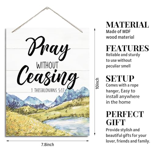 Rustic Hanging Wood Plaque Sign - Christian Family Home Decor, Office Wall Decor - Bible Verse Scripture Sign - Pray Without Ceasing - color: 1 THESSALONIANS 5:17