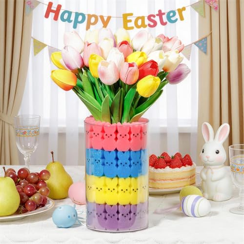 ALFEVA Easter Decorations-Vase in Vase 15pcs Artificial Tulips and 56 Peeps Bunnies Filler, Easter Vase Set Ready to Display，Spring Decorations for Home Table - size: 4.7"/2.7" Vase with 15 Tulips & Bunny