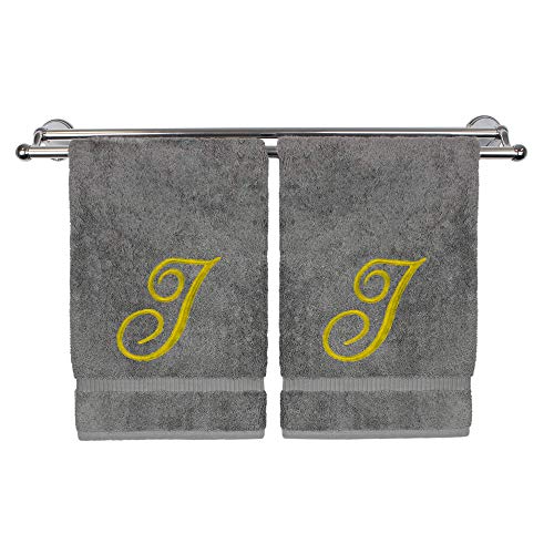 Monogrammed Hand Towel, Personalized Gift, 16 x 30 Inches - Set of 2 - Gold Embroidered Towel - Extra Absorbent 100% Turkish Cotton - Soft Terry Finish - for Bathroom, Kitchen and Spa - Script I Gray - color: Gold on Gray, style: Initial I