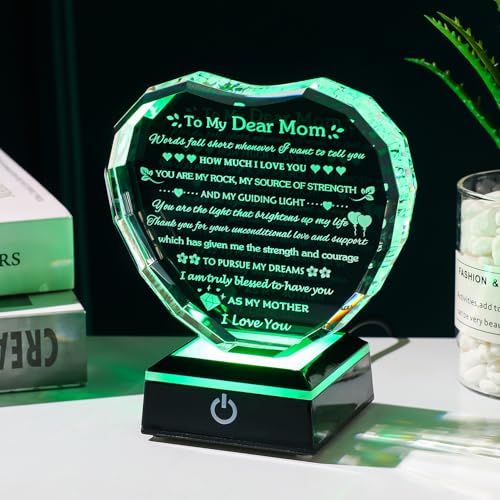 Arikyrist Gifts for Mom with Colorful LED Base Moms Birthday Gifts from Daughter Son to My Mom Gift Crystal Heart Keepsake Best Mother Presents Idea for Christmas Mother's Day Valentine - color: Mom Gifts + Light Base