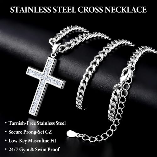 Cross Necklace for Men, Cuban Chain with Cubic Zirconia Pendant - color: SILVER