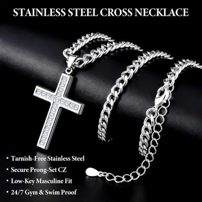 Cross Necklace for Men, Cuban Chain with Cubic Zirconia Pendant - color: SILVER