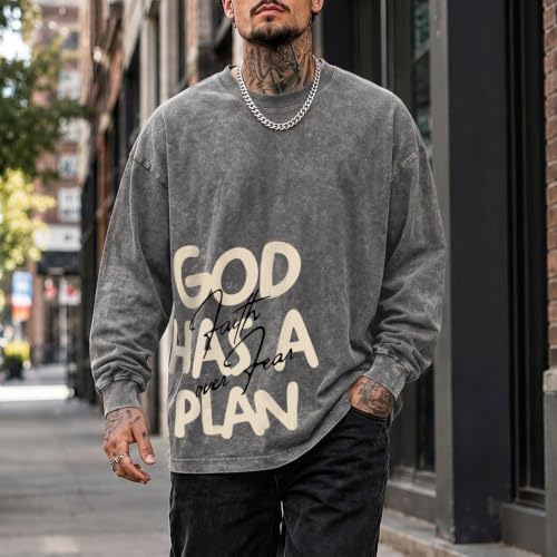 Mens Christian Long Sleeve Shirt Faith Over Fear God Jesus Faith Acid Wash T Shirt Religious Graphic Tee Vintage Top - color: Gray, size: XX-Large