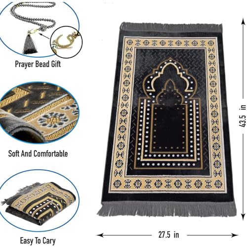 Turkish Muslim Prayer Rug, Mat with Beads for Men Women, Ramadan Hajj Gift (Gray) - color: Grey