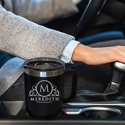 The Wedding Party Store Custom Personalized 20 oz Stainless Steel Powder Coated Vacuum Insulated Double Walled Travel Tumbler Coffee Mug with Handle and Lid (Black) - color: Black