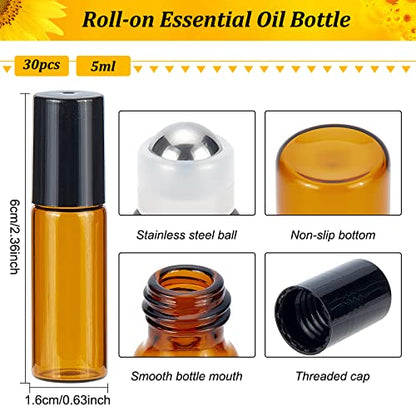 BENECREAT 30 Pack 5ml Amber Glass Essential Oils Roller Bottles with Stainless Steel Roller Balls 10Pcs 3ml Droppers, 4Pcs Funnels, 1Pc Openers for Essential Oils/Other Liquids - color: Light Brown, size: 5ml