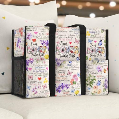 Multi-Pocket Tote Bag for Women. Waterproof Shoulder Bag with Multiple Convenient Pockets and Zipper. God Jesus Christian Faith Religious Gift. I am Loved.