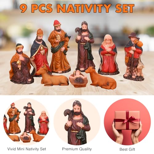 Mini Nativity Set 9pcs, Resin Nativity Scene Figurines Baby Jesus Oranment for Home Office Tabletop Decoration Desktop Collectibles Decor - size: 9 pcs