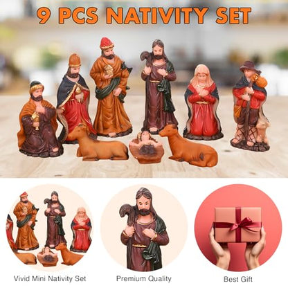 Mini Nativity Set 9pcs, Resin Nativity Scene Figurines Baby Jesus Oranment for Home Office Tabletop Decoration Desktop Collectibles Decor - size: 9 pcs