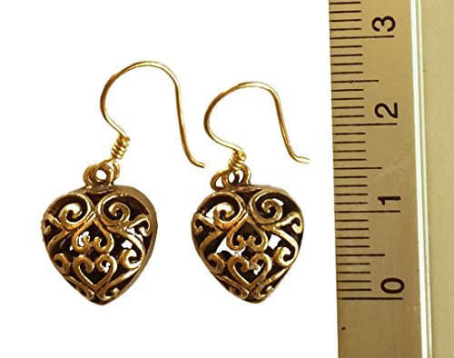 Real Bronze Puffy Filigree Heart Drop Dangle Earrings Fish Hook Bronze Jewelry Gifts