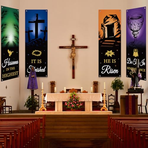 4Pcs Easter Church Banners for Sanctuary Wall Welcome Religious Banners Hanging Backdrop He is Risen Easter Porch Signs Bible Verses Banner Scripture Hanging Signs for Church School Decor - style: He is Risen