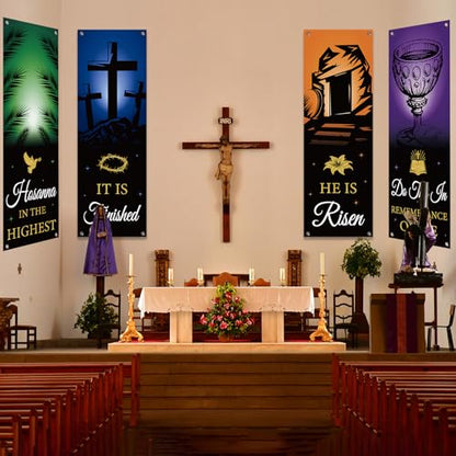 4Pcs Easter Church Banners for Sanctuary Wall Welcome Religious Banners Hanging Backdrop He is Risen Easter Porch Signs Bible Verses Banner Scripture Hanging Signs for Church School Decor - style: He is Risen