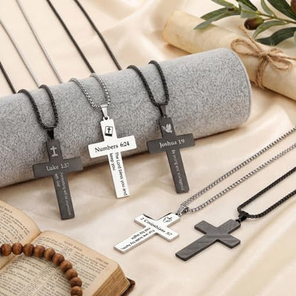 Ecally 8 Pcs Christian Cross Necklace for Men Father Religious Black Silver Stainless Steel Cross Church Gift USA Flag Chain - color: Mix