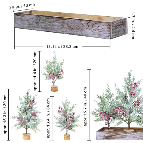 Winlyn 3 Pack Mini Christmas Trees with Wood Box Farmhouse Centerpiece Small Snowy Artificial Cedar Trees with Red Berries and Wood Bases Table Decorations for Rustic Home Winter Holiday Mantel Décor