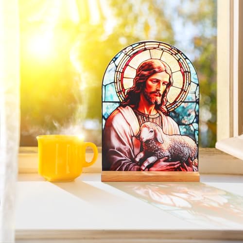 KOMI Jesus and Lamb Catholic Ornament Statue Tabletop Decor Acrylic Standing Desk Sign Home Altar Decor Christian Gifts