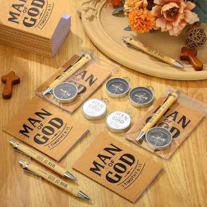 Chiisong 25 Set Man of God Gifts Include 25 Christian Mini Compass, 25 Religious Notebooks, 25 Bamboo Ballpoint Pens for Father's Day Pastors Church Travel Party Favors(25 Sets,Black, Silver) - color: Black, Silver