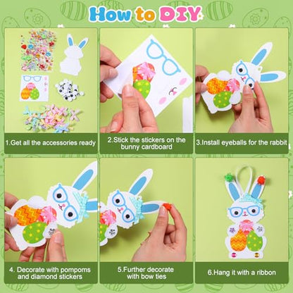 Funrous 48 Sets Crafts Kit Paper Crafts DIY Make Your Own Hanging Ornaments with Pompoms Diamond Stickers for Holiday Classroom Activities Party Favors, Easter Bunny - style: Easter Bunny