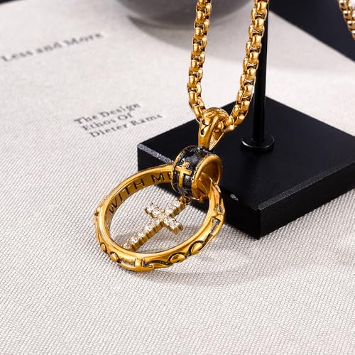 Eternity Cross Ring Pendant Necklace Stainless Steel Pendant Necklace for Men Christmas Gift for Husband,Christmas Stocking Stuffer for Him - color: Diamond Accen-Gold