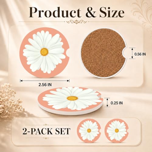 Daisy Car Coasters Set of 2, Boho Flowers Car Ceramic Accessories, 24 - color: Daisy