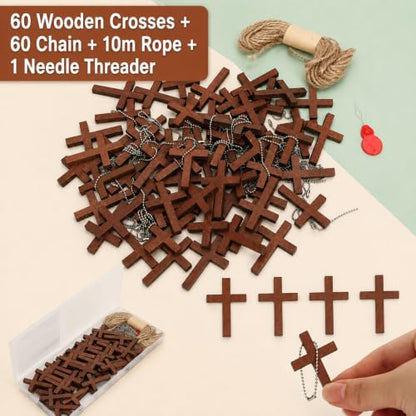 Mr. Pen- Wooden Pocket Cross Charms, 60 pcs, 10 m Rope & Threader