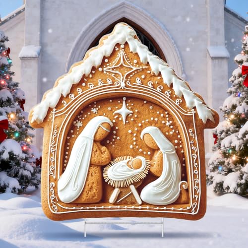 Thyle 17x16 Inch Nativity Scene Yard Sign Christmas Gingerbread Nativity Yard Sign with Stakes Religious Christmas Jesus Decorations for Xmas Gingerbread Holiday Church Outdoor Garden Lawn Decoration