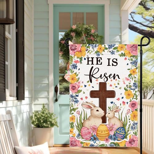 Welcome Easter Egg Garden Flag He Is Risen Christian Cross Small Flags for Outside, 12x18 Inch Rabbit Double Sided Burlap Seasonal Outdoor Yard Lawn Decoration