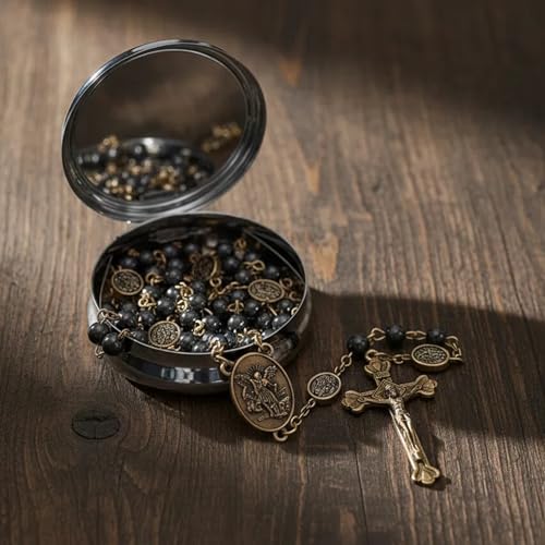 Nazareth Store St Michael Rosary Hematite Stone Beads Necklace Metal Beaded Glory Beads Archangel Medal & Cross with Metal Gift Box - color: Black, yellow
