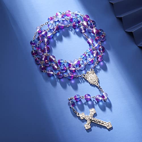 Rnivida Catholic 8MM Colorful Beads Rosary, Rosaries Necklace with Alloy Miraculous Medal and Crucifix Cross - color: Purple