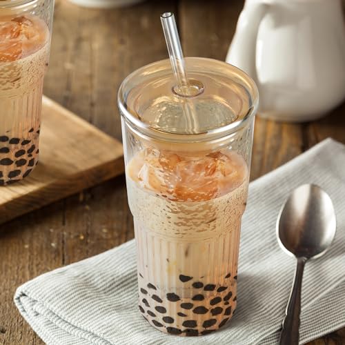 Joeyan 22 oz Amber Glass Tumbler with Straw and Lid,Ribbed Glasses Cups - color: Amber colored glass tumbler