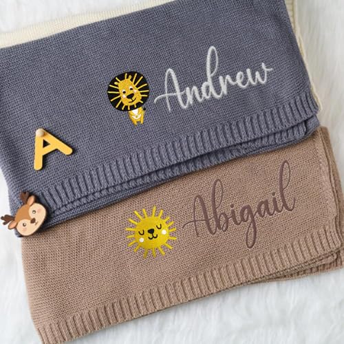 IZI POD Personalized Knit Baby Blanket, Embroidered Name Nursery Blanket, Cotton Knit Stroller Blankets, Gift for Baby, Birthday - Style 8 - color: Custom 5