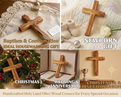 Wall Cross, Wooden Crosses from Bethlehem, Holy Land. Olive Wood Crucifix. Hanging Home Decor. Religious Gift for Godparents, Grandchildren, Kids Room Cross, New House, Christmas and Easter Gifts, - size: 8"L x 5"W