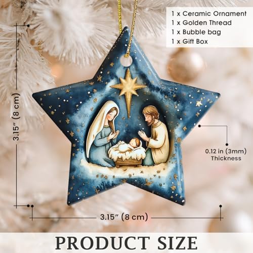 Nativity Scene Ornaments for Christmas Tree Decorations – Ceramic Star-Shaped Religious Christmas Ornaments with Holy Family & Bethlehem Star – Nativity Ornament