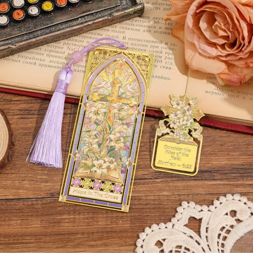 2PCS Metal Bookmark & Book Clip Gift Set, Bible Stained Glass Themed Bookmarks, Book Marks for Reading Women, Men, Adults, Book Lovers, Book Markers for Teachers Appreciation Gifts, Hope in the Cross