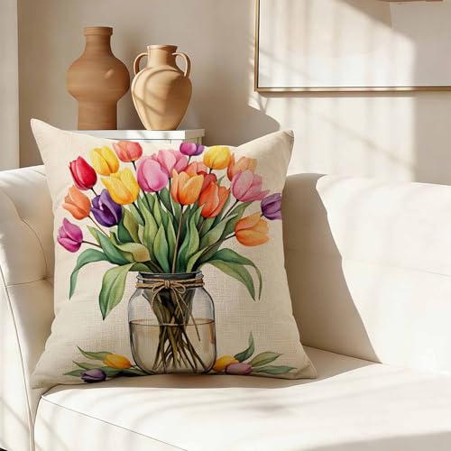 Watercolor Spring Floral Throw Pillow Cover,Colorful Tulips in Mason Jar Decorative Pillow Case,Fresh Garden Bouquet Cotton Linen Cushion Case for Home Decor 18 * 18 Inch - color: Settype04