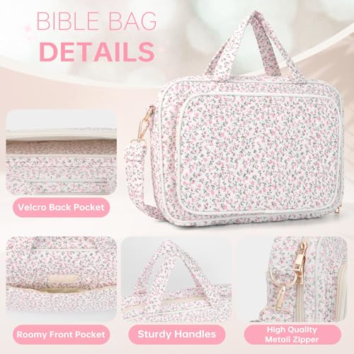 Bible Cover Case for Women Bible Study Supplies Church Camp Essentials Christian Gifts for Women Journaling Kit Quilted Large Bible Book Sleeve (Pink Flowers, Large) - color: Pink Flowers