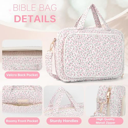 Bible Cover Case for Women Bible Study Supplies Church Camp Essentials Christian Gifts for Women Journaling Kit Quilted Large Bible Book Sleeve (Pink Flowers, Large) - color: Pink Flowers