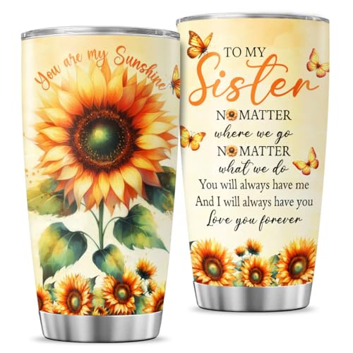 Sunflower Sister Gift Tumbler, 20oz Insulated Stainless Steel Cup with Heartfelt Message, You Are My Sunshine Butterfly Design, Sentimental Birthday Present for Women, Travel Coffee Mug - color: Sunflower Sister Love