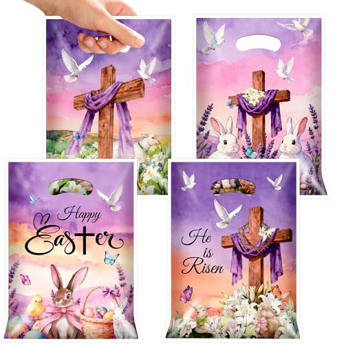 EUVBOKW 100 Pcs Easter Plastic Treat Bags Bulk,He is Risen Christian Goodie Bags and Bunny Party Favor Bags with Handles for Easter Egg Hunt, Church and Gift Wrapping - color: Easter