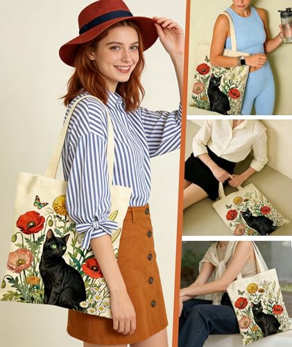 Women's Canvas Tote Bags with Inner Pockets & Metal Snap, Reusable Tote Bag for Girl's Vacation Travel Gym Shopping - color: Black Cat 2