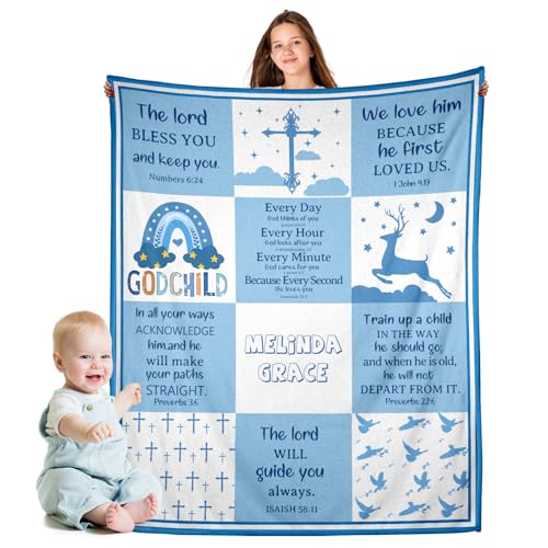 WFR Pesonalized Christian Blanket Gifts for Baby Boys,Custom Comfirmation Throw Blanket with Bible Verses & Name, Dedication Gift for Boys Newborn Baby,Godson First Communion Catholic Gifts