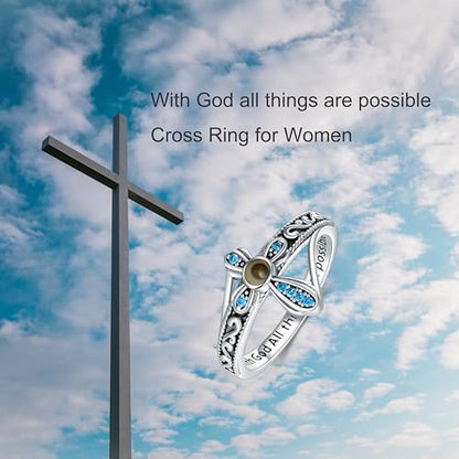 AOBOCO Cross Ring with Mustard Seed 925 Sterling Silver With God All Things Are Possible Band Rings, Size 4-13 - color: Silver